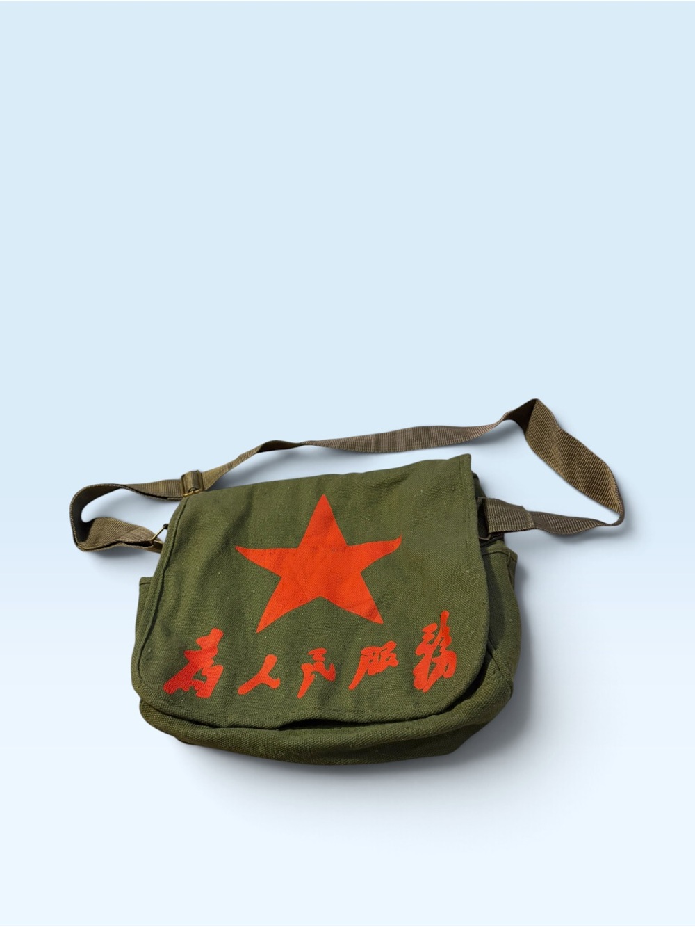 Olive Green Crossbody Canvas Bag with Red Star Graphic
